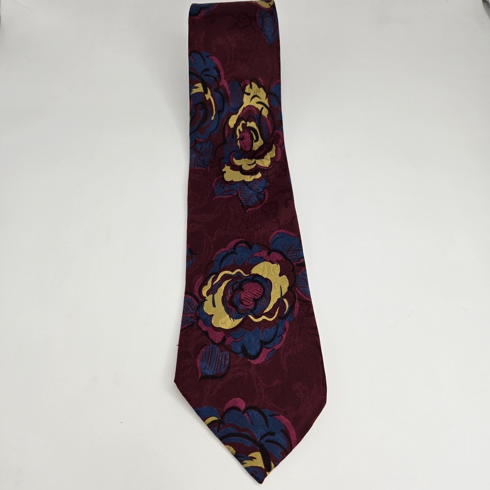 Vintage Lands End Silk Tie Burgundy Blue Gold Floral Art Nouveau 90s 3.5" x 58" - Picture 2 of 6